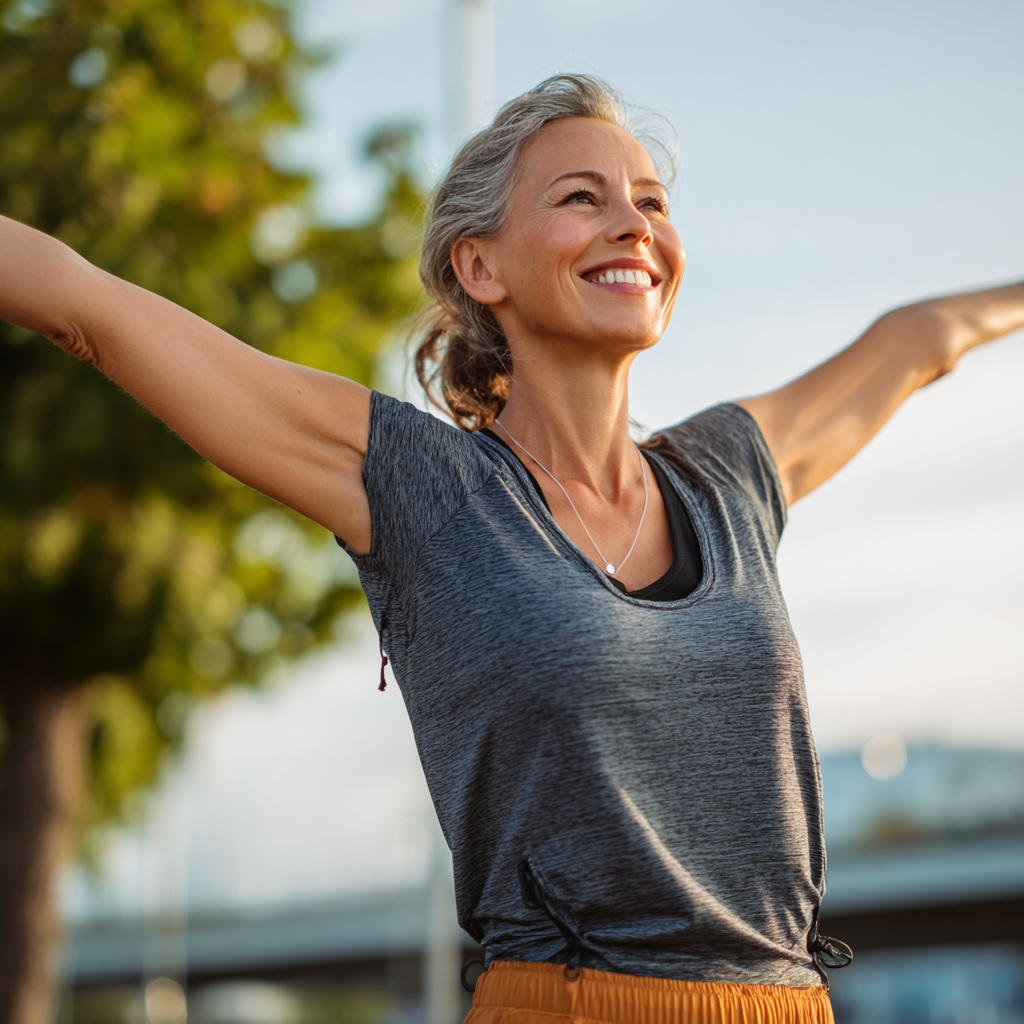 Smiling middle-aged Ukrainian adults engaged in fitness training outdoors, showing strength and flexibility exercises